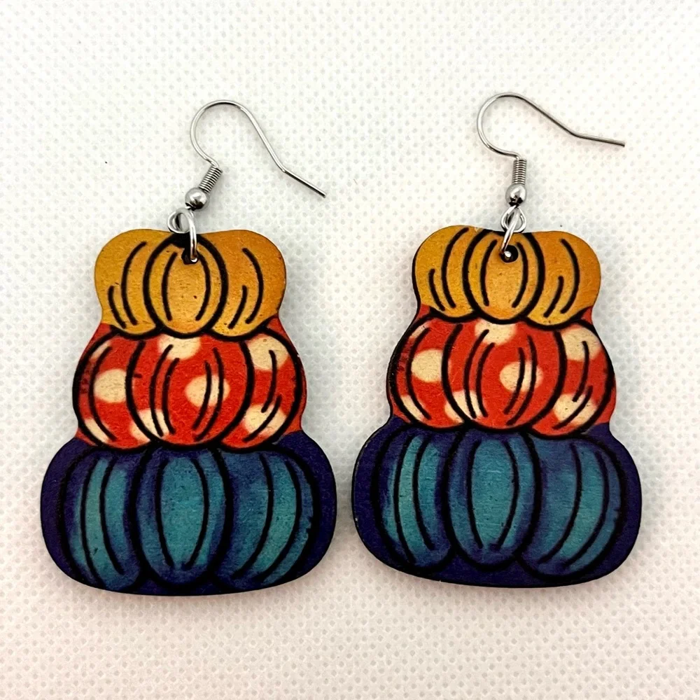NWT Pumpkin Stack Drop & Dangle Earrings Lightweight Wood Fall Autumn Halloween - Picture 5 of 8